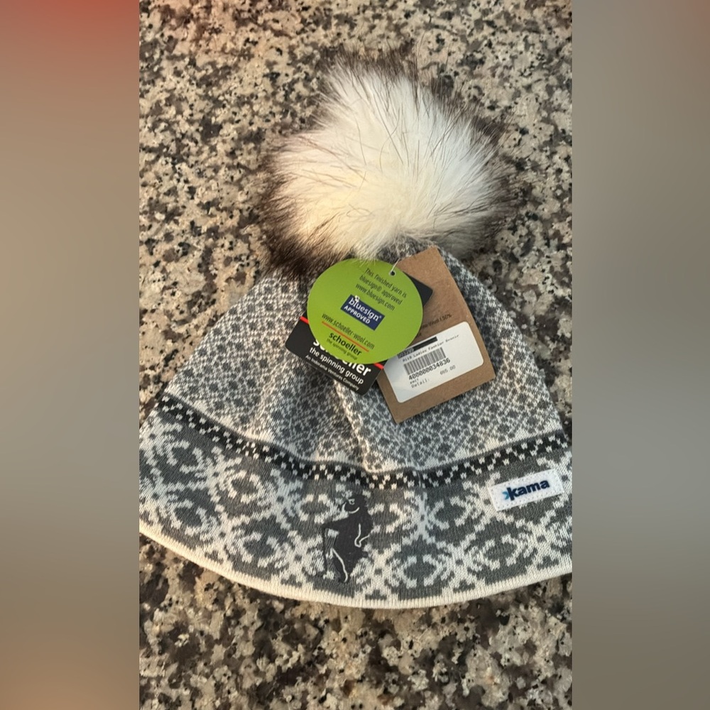 Kama brand Gray and White womens Pom-Pom Beanie